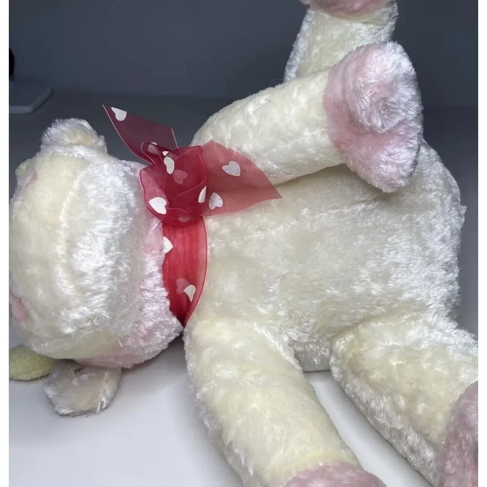 Vintage Walmart Pink Cow Plush 9” White Cream Valentines Heart Bow Pastel Floppy